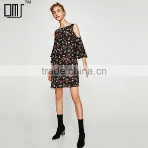 Black Short Sleeve Floral Print Dress, Women Cold Shoulder Summer Dress thumbnail-1