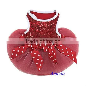 Xmas Red White Polka Dots Bling Crystal Bow Tutu Dog Clothes Party Dress XS-L thumbnail-1