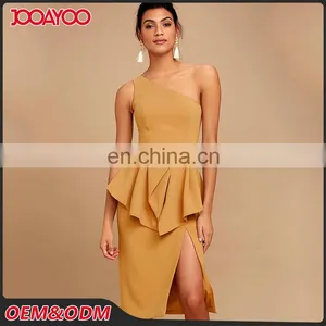 Fashion Tan One Shoulder Layered Ruffled Midi Dress Elegant Woman Dress thumbnail-1