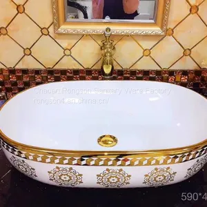 Hot Sale Ceramic Round Modern Luxury Golden Single Hole Wash Basin Price Bathroom Basin With Gold Decorative thumbnail-5