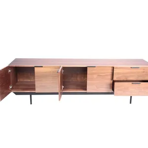 Mid Century Modern Solid Walnut Wood TV Cabinet Black Metal Legs Living Room Storage Media Console Credenza thumbnail-1