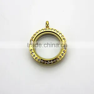 Fashion 25mm Round Gold 316L Stainless Steel Screw Glass Floating Charms Locket With Rhinestone thumbnail-1