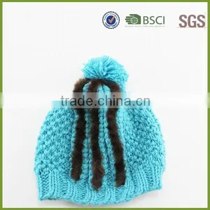 Blue Color Custom Knitted Pom Beanie Hat With Fur thumbnail-5