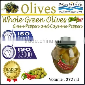 High Quality 100% Tunisian Table Olives,Green Olives With Green Peppers & Cayenne Peppers,Table Olives 370 ml Glass Jar thumbnail-1