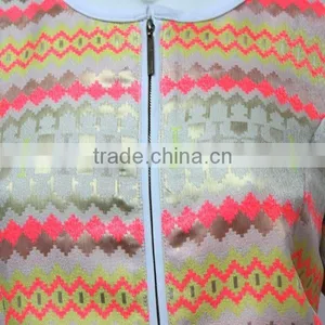 Bulk Wholesale Round Neck Jacquard Women Jacket With Gold Metal thumbnail-2