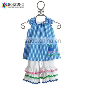 Boutique 100% Cotton Blue Dolphin Kids Clothes Giggle Moon Top and Ruffled Pants Outfits For Kids thumbnail-1