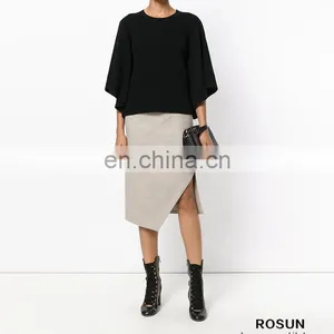Women Crew Neck Cashmere Bat Sleeves Knitted Ribbed Top thumbnail-4