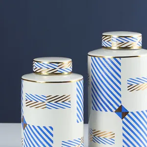 European Simple Style Blue and White Bended Line Sheet Pattern Ceramic Flower Vases With Lid For Home Decoration thumbnail-3