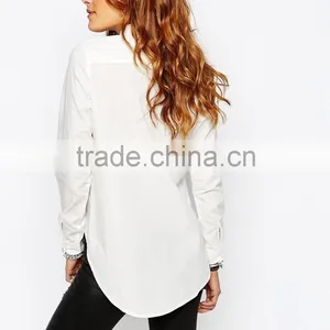 2016 Summer Long Sleeve 100% Cotton Casual Ladies White High Low Shirt thumbnail-2