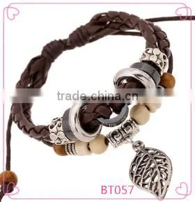 2016 Fashion Personalized Leaf Pendant Leather Bracelets, Vintage Handmade Charm Bracelets thumbnail-1