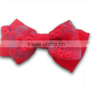 Neon Orange Embroidered Fabric Double Bow Barrettes thumbnail-1