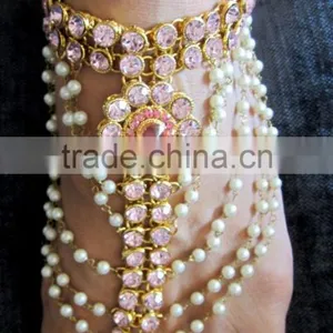 Gold Pink Crystal Pearl Anklets Toe Ring Barefoot Sandal PAYAL PAIR thumbnail-1