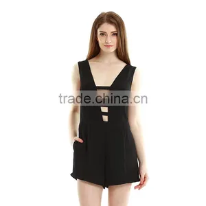 Female Sexy Deep V Neck Hollow Sleeveless Black Jumpsuit Pants Romper Short Overalls Pants thumbnail-2