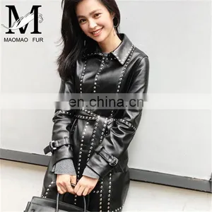 Women Fashion Long Black Rivet Real Leather Coat Leather Trench Coat thumbnail-5