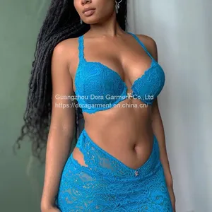 2pcs Blue Mesh Lace Lingerie Dress Set thumbnail-4