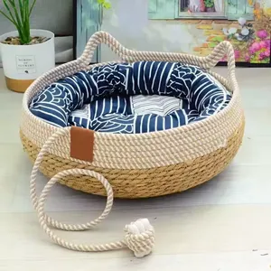 Removable Woven Cat Bed Upholstery Sleeping House Cat Scratch Floor Rattan Wear-resistant Washable Cat Cave Pet Supplies thumbnail-4
