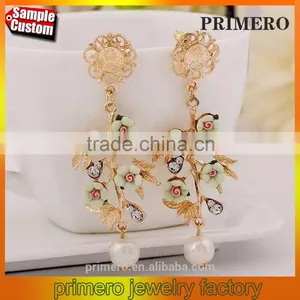 Cheap Flower Branch Rhinestone Pearl Drop Dangle Earrings Chinese Jewelry thumbnail-1