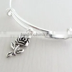 Custom Jewelry Handmade Silver Rose Flower Charm Bangle Adjustable thumbnail-2