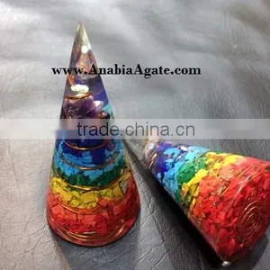 Orgone Cone : Wholesale Healing Orgone Cone With Copper Wire : Chakra Layered Copper Wire Wrapped Orgone Cones thumbnail-3