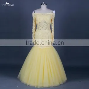 RSE682 Off The Shoulder Yellow Sexy See-Through Patterns Of Lace Long Sleeve Mermaid Evening Dress thumbnail-1