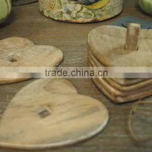 Original Heart Shape Wooden Coaster Solid Wooden Vintage Look Cup Mats Set With Holder Coffee Cap Coaster Washed Look Placement thumbnail-3