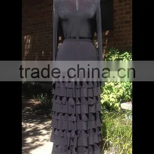 Ladies Modest Spandex Skirt Custom Mixed Lace Ruffle Bridesmaid Maxi Long Tiered Skirts thumbnail-3