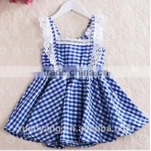 New Arrival Children Clothes Lace Trim Bule Plaid Kids Clothing Wholesale 100%cotton Baby Nice Dress thumbnail-1