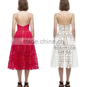 2016 New Handmade White Red Sexy Deep V-neck Flower Lace Dress Runway Elegant Dresses Hollow Out Long Dress Shoulder-Straps thumbnail-2