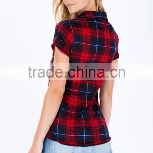 Adorable Dolled up Short Sleeve Plaid Shirts Latest Shirt Designs for Women thumbnail-5