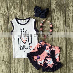New Arrival Summer Baby Girls Clothes You Betiful Heart Cotton Floral Ruffles Boutique Short Kids Sleeveless Match Accessories thumbnail-1