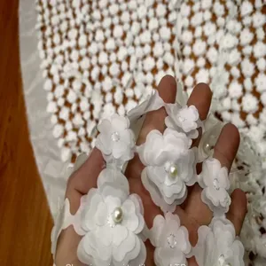 Heavy White Hand Beaded Bridal Lace Fabric thumbnail-3