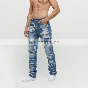 DiZNEW OEM Denim Baggy Pants Distressed Streetwear Ripped Embroidered Mens Jeans thumbnail-2