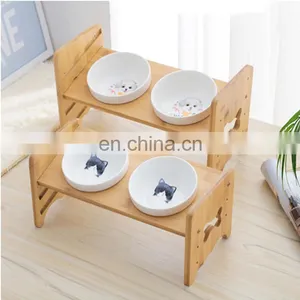 Professional Manufacturer Large 2 in 1 Pet Food Bowl Raised Bamboo Fibre Stand Elevated Stainless Steel Lifting Stand Holder thumbnail-1
