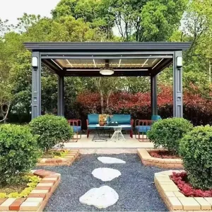Motorized Louvered Aluminum Pergola With LED Lights & Ceiling Fan, Outdoor Patio Gazebo for Garden & Villa Backyard thumbnail-1