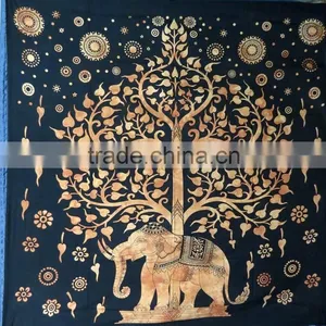 Turquoise Elephant And Big Tree Printed Tapestry Hippie Wall Hanging Mandala Tapestry Indian Cotton Bed Sheets thumbnail-3