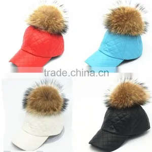 Fashion Plaid Sport Hat With Real Raccoon Fur Balls PU Leather Snapback Baseball Caps With Animal Fur Pompoms thumbnail-3