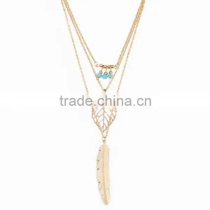 Latest Fancy Design Necklaces Jewelries Bohemia Style Three Tiny Turquoise Hollow Leaf Long Feather Multi Layer Necklaces thumbnail-3