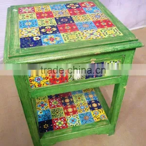 Green Color 1 Drawer With Tile Fitting Wooden Square Stool thumbnail-1
