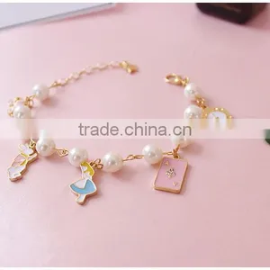 Enamel Rabbit Pumpkin Carriage the Playing Cards Clock Charms Bracelet Pearl Linked Bracelet With Assorted Charms thumbnail-2