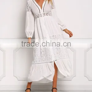 Off White Lace Trim Button Down Maxi Dress Long Frock Design HSd5221 thumbnail-2