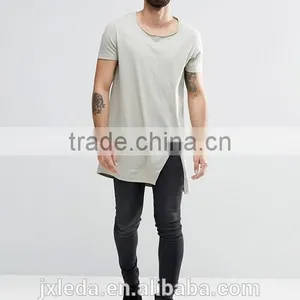 China Suppliers Custom Men Summer Fashion 100% Cotton Raw Scoop Neck Split Hem Long Line T-shirt thumbnail-1