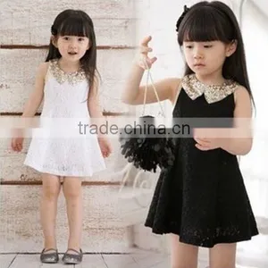 Fashion New Summer Girls Dresses Kids Sequin Collar Lace Dress 2 Colors Baby Dress Kids Clothes thumbnail-1