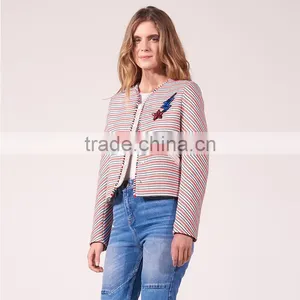 Ladies Cotton Leisure Style Striped Collarless Sequinned Patches Spring Jackets thumbnail-4