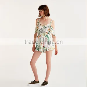 2017 Sexy V-neck and Bare Shoulder Ladies Short Floral Printed Jumpsuit thumbnail-2