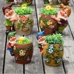 Resin Garden Gnome Elf Figurine Flower Pot Garden Decoration thumbnail-1