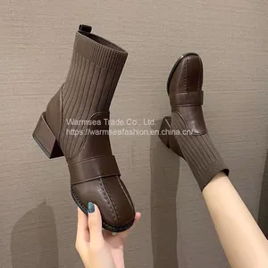 Women's Thick-heeled Autumn Short Boots Women Korean Style Mid-heel Net Red Socks Boots Fashion British Short-tube Martin Boots thumbnail-1