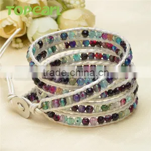 Topearl Jewelry Faceted Round Colorful Agate Fashion Bracelet Woven Leather Wrap Bangle 33.5 Inches CLL139 thumbnail-3