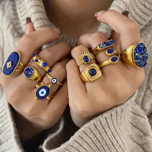 Gold Plated Stainless Steel Natural Stone Ring for Women Blue Irregular Gemstone Statement Ring Waterproof Hypoallergenic Jewelry thumbnail-5