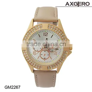 Fashion Modeling Alloy Case With Crystal Charm Lady Watch Khaki Leather Strap Watch for Women thumbnail-1