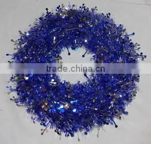 46cm Blue Color PET Decorative Christmas Tinsel Wreath thumbnail-1